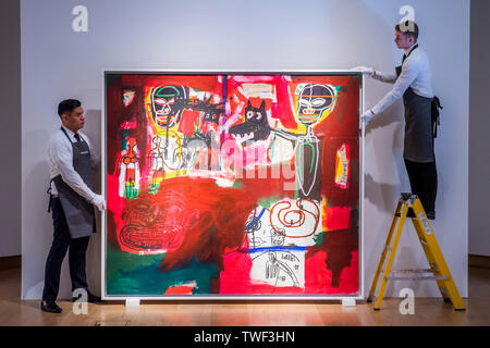 London, Großbritannien. Juni, 2019 20. Jean-Michel Basquiat (1960-1988), Sabado por la noche (Samstag Nacht), 1984, Schätzung: 7,500,000-11, 000.000 £ - Christie's präsentiert eine Ausstellung mit Werken von seiner bevorstehenden der Nachkriegszeit und Zeitgenössische Kunst Abend Auktion. Es wird für die Öffentlichkeit vom 21. bis 25. Juni 2019. Credit: Guy Bell/Alamy leben Nachrichten Stockfoto