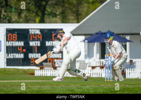 Batsman spielt einen Schuß in Richtung Mitte an einem Kricketspiel zu Rothley in Leicestershire. Stockfoto