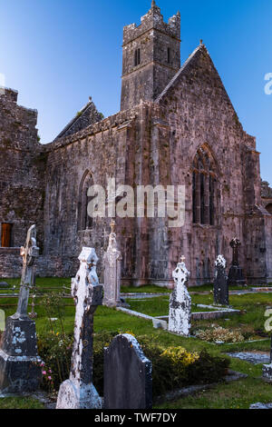 Eine Nahaufnahme von den Ruinen der mittelalterlichen Abtei Quinn Quinn, Irland, schoss durch den gruseligen Friedhof mit Grabsteinen im Vordergrund. Stockfoto