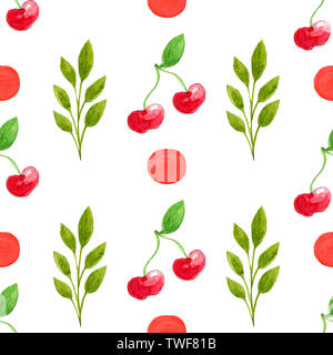 Schöne nahtlose Muster mit Hand gezeichnet Aquarell Beeren, Blätter und rote Punkte auf weißem Hintergrund. Cherry und Blätter Abbildung. Stockfoto