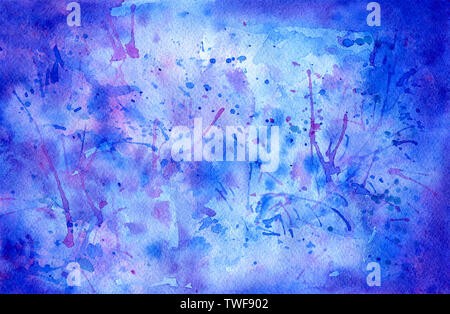 Abstrakter Aquarellhintergrund in blauen und violetten Farben. Handgezeichnete künstlerische Textur mit Spritzern. Schöne bunte Tapete. Stockfoto