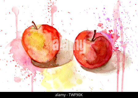 Handgezeichnetes Aquarell von zwei roten Äpfeln mit Spritzern auf weißem Hintergrund. Stockfoto