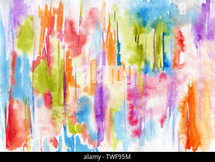 Abstrakte Aquarell Hintergrund mit bunten Farbe Flecken und Tropfen in Regenbogenfarben. Hand traditionelle Abbildung gezeichnet. Kreative flüssige Tapete. Stockfoto
