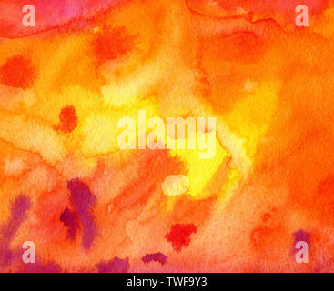Aquarell, orange und rote Hintergrund mit violetten und roten Spritzer. Hand gezeichnet Aquarell Hintergrund. Stockfoto