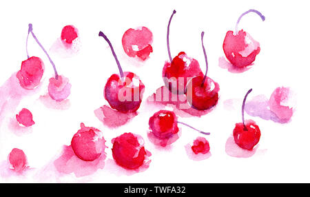 Handgezeichnet Aquarell Kirschen auf weißem Hintergrund. Kunst Aquarell Illustration von leckeren Kirschen. Abstrakte rosa Beeren auf weißem Hintergrund. Stockfoto