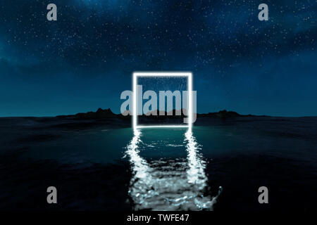 3D-Rendering des Blauen quadratische Form auf dem Wasser leichter bei Nacht Stockfoto