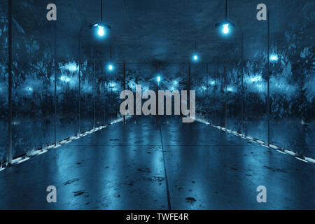 3D-Rendering des abstrakten Hintergrund mit blauen Lichtern und schmutzigen Spiegel Stockfoto