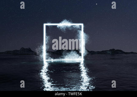 3D-Rendering des Blauen quadratische Form mit glühenden Wolken auf dem Wasser leichter bei Nacht Stockfoto