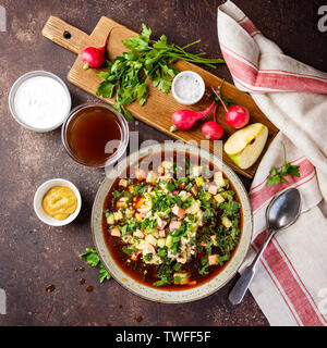 Kalte russische Suppe Okroshka mit Wurst, Gemüse und kwass in der Schüssel und Rohstoffe auf dunklen Tisch. Ansicht von oben. Stockfoto