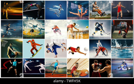 Kreative Collage aus Fotos von 26 Modelle. Tennis, Laufen, Badminton, Schwimmen, Basketball, Handball, Volleyball, American Football, rugby spieler Snowboarden Tennis Hockey in Bewegung Stockfoto