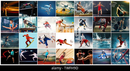 Kreative Collage aus Fotos von 29 Modellen. Tennis, Laufen, Badminton, Schwimmen, Basketball, Handball, Volleyball, American Football, Rugby Spieler, Snowboarden, Tennis, Hockey in Bewegung. Stockfoto