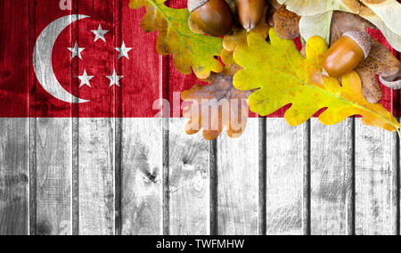 Singapur Fahne auf Herbst Holz- Hintergrund mit Blättern und guter Platz für Ihren Text. Stockfoto