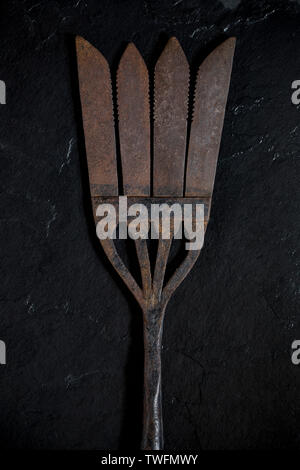 Eine alte Metall Aal Speer, einmal für die Erfassung der Aale verwendet wurde. Dies ist wahrscheinlich ein Britisches. Den Speer würde auf einer langen Stange platziert werden und Schub in Stockfoto