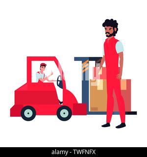 Männer Gabelstapler Kartons schnelle lieferung Vektor-illustration gestapelt Stock Vektor