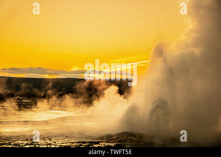 Abstrakte Sicht der Sonnenuntergang hinter Clepsydra Geysir, ein Brunnen Gruppe Geyser, Yellowstone National Park Stockfoto