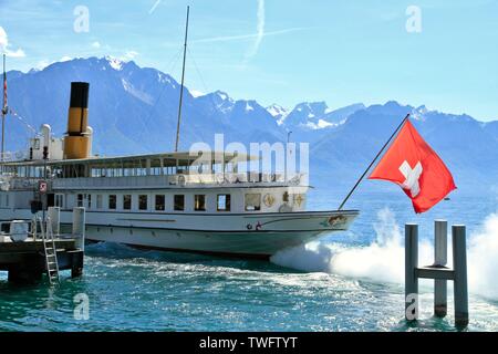 Abbildung der Stadt Montreux, Schweizer Gemeinde im Kanton Waadt, im Bezirk Riviera-Pays-d Enhaut in den Alpen. Stockfoto