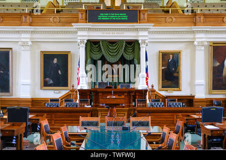 AUSTIN, Texas - Innenraum der Senat Kammer der Gesetzgebung des Staates Texas innerhalb des Texas State Capitol in Austin, Texas. Stockfoto