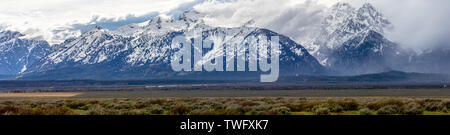 Panoramablick auf den Grand Teton Bergkette, Grand Teton National Park, Wyoming, USA Stockfoto