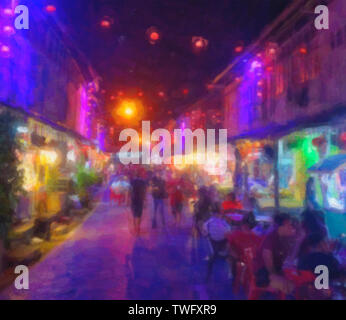 Digitale Aquarelle aquarell Wirkung Gemälde von Siniawan Nachtmarkt und hawker Stände, in der Nähe von Kuching, Sarawak, Malaysia Stockfoto