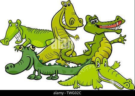 Cartoon Illustration von lustigen Krokodile wildes Tier Zeichen Gruppe Stock Vektor