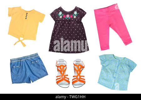 Sammlung von Kleidung des Kindes. Kid's summerclothing Set isoliert. Stockfoto