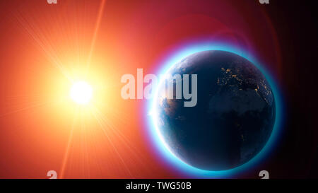 Die globale Erwärmung und den Klimawandel, Satellit der Erde und der Sonne. Platz und Sterne Atmosphäre, Ozonloch. Abbau der Ozonschicht Stockfoto