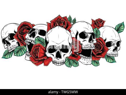 Schädel und Rosen Blumen Bild gezeichnet. Tattoo Vintage Print. Schädel und rote Rosen. Stock Vektor
