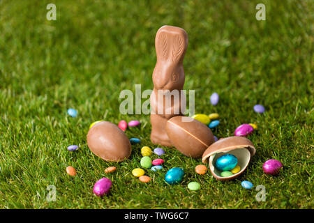 Schokoladenhasen, Eier und Bonbons auf Gras Stockfoto