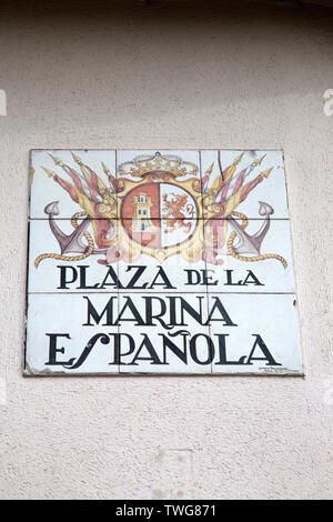 Plaza de la Marina Española Street Sign, Madrid, Spanien Stockfoto