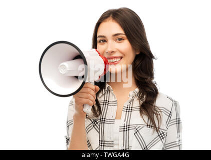 Junge Frau oder junges Mädchen mit Megafon Stockfoto