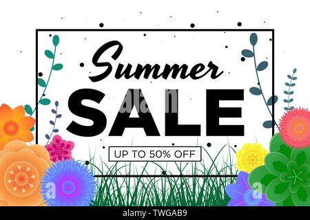 Summer Sale Angebote promotion Banner mit schönen Blumen und Gras. Spezielle Rabatte mockup. Plakat für Förderung Magazin Werbung Web site Stock Vektor