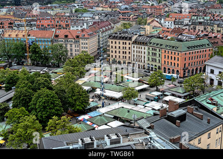 Munich, Bayern, Deutschland - Mai 29., 2019. Allgemein Luftaufnahme von München von einem Turm mit dem Viiktualienmarkt Stockfoto
