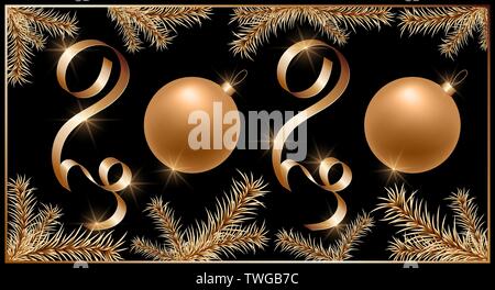 2020 Neue Jahr Hintergrund mit goldenen Bändern und Bällen. Golden Tannenzweigen framing. Stock Vektor