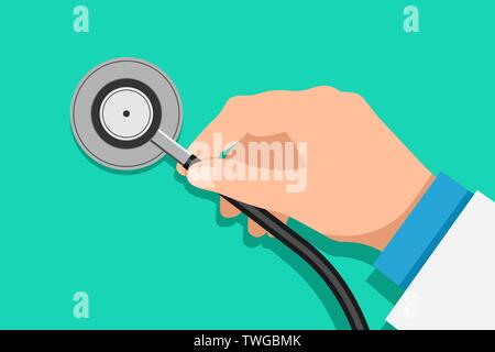 Arzt hand Stethoskop. Medizinische Ausrüstung. Healthcare. Flache Vector Illustration auf grünem Hintergrund EPS Stock Vektor