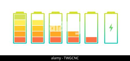 Anzeige Batterieladezustand Symbole gesetzt. Ladezustand Voll Leistung niedrig zu hoch und Blitz. Gadget alkalische Energie status Vektor bunte Illustration Stock Vektor