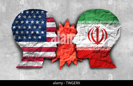 Iran USA Konflikt und der Vereinigten Staaten im Nahen Osten Konzept als amerikanische und Iranische Sicherheitsproblem durch wirtschaftliche Sanktionen und nuklearer Deal. Stockfoto