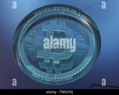 Bitcoin digitale Währung Hologramm, futuristische digitale Geld und Technologie weltweit Netzwerk Konzept. 3D-Rendering Stockfoto