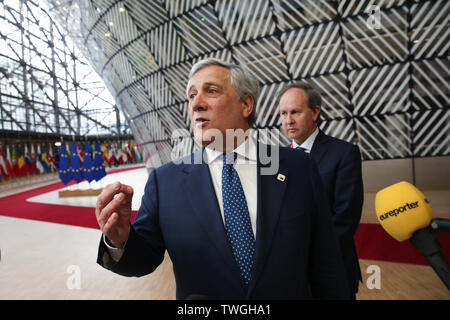(190620) - Brüssel, 20. Juni 2019 (Xinhua) - Der Präsident des Europäischen Parlaments Antonio Tajani kommt für die EU-Sommer-Gipfel in Brüssel, Belgien, 20. Juni 2019. (Xinhua / Zhang Cheng) Stockfoto