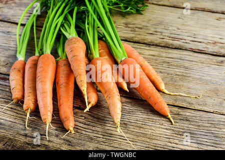 Bündel von Frische und süße Karotte auf einem alten Holztisch. Stockfoto