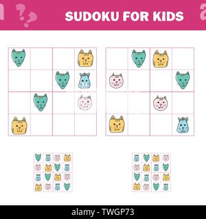 Sudoku für Kinder. Bildung Entwicklung Arbeitsblatt. Aktivität Seite mit Bildern. Puzzle Spiel für Kinder und Kleinkinder. Logische Schulung. Katzen Cartoon Stock Vektor