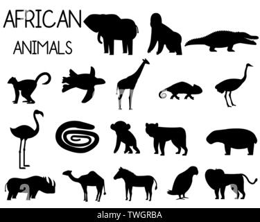 Afrikanische Tier Silhouetten Reihe von Icons im flachen Stil, Afrikanische Tierwelt, Elefant, Nashorn, Löwe, Papagei, etc. Vector Illustration Stock Vektor