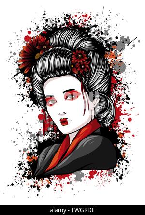 Schönen Japanischen Geisha hält Rot Lüfter Vector Illustration. Stock Vektor