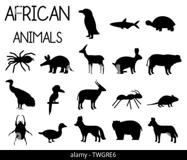 Afrikanische Tier Silhouetten Reihe von Icons im flachen Stil, Afrikanische Tierwelt, Zwerg Gans, afrikanische Geier, Büffel, Gazellen Dorcas, etc. Vector Illustration Stock Vektor
