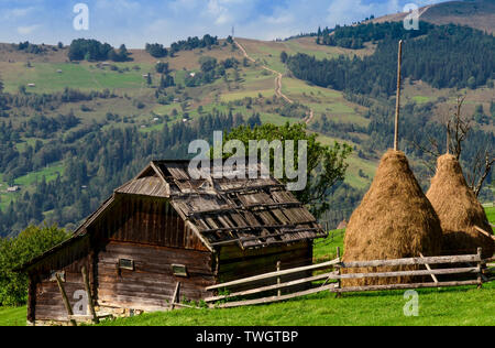 Holz ist ein altes Bauernhaus steht auf einem Elefanten Berg in der Nähe Heuhaufen vor dem Hintergrund der Berggipfel. Die Ukraine Stockfoto