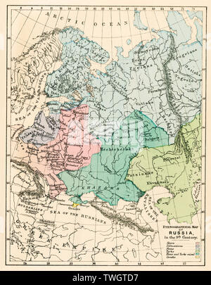 Ethnographische Karte von Russland im 9. Jahrhundert. Farblithographie Stockfoto