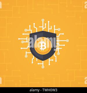Bit - Münze digital Security mit Platine auf gelben Hintergrund. Crypt Währung Vector Illustration Stock Vektor