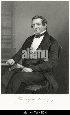 Washington Irving (1783-1859), US-amerikanischer Schriftsteller und Diplomat, sitzt, Porträt, Stahlstich, Porträtgalerie bedeutender Männer und Frauen in Europa und Amerika durch Evert A. Duyckinck, von Henry J. Johnson, Johnson, Wilson & Company, New York, 1873 veröffentlicht. Stockfoto