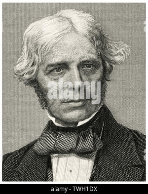 Michael Faraday (1791-1867), englischer Physiker und Chemiker, deren Experimente erheblich zum Verständnis des Elektromagnetismus, Kopf und Schultern Portrait, Stahlstich, Porträtgalerie bedeutender Männer und Frauen in Europa und Amerika durch Evert A. Duyckinck, von Henry J. Johnson, Johnson, Wilson & Company, New York, 1873 veröffentlicht beigetragen. Stockfoto