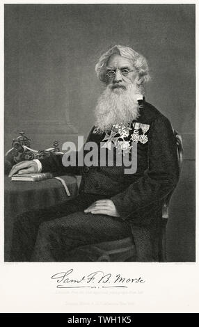 Samuel Morse (1791-1872), US-amerikanischer Maler und Erfinder, einen elektrischen Telegrafen- und Morse Netzkabel, sitzt, Porträt, Stahlstich, Porträtgalerie bedeutender Männer und Frauen in Europa und Amerika durch Evert A. Duyckinck, von Henry J. Johnson, Johnson, Wilson & Company, New York, 1873 veröffentlicht entwickelt Stockfoto