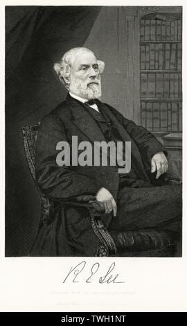 Robert E. Lee (1807-70) Amerikanische und Confederate Soldier, Kommandierender General der Konföderierten Truppen während des Amerikanischen Bürgerkrieges, sitzt, Porträt, Stahlstich, Porträtgalerie bedeutender Männer und Frauen in Europa und Amerika durch Evert A. Duyckinck, von Henry J. Johnson, Johnson, Wilson & Company, New York, 1873 veröffentlicht. Stockfoto